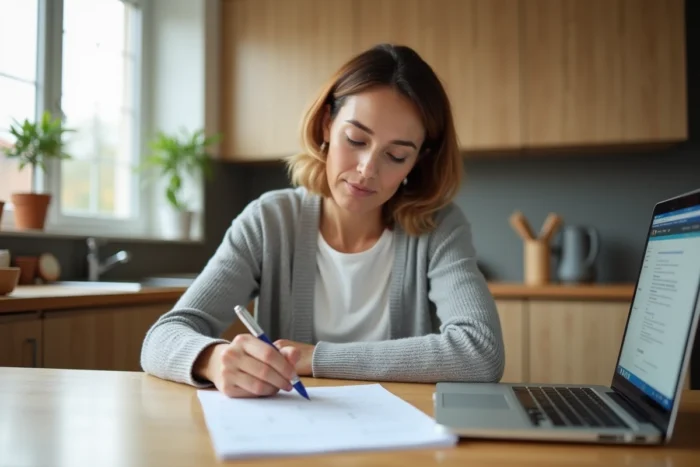 Femme à domicile remplissant un formulaire administratif Pajemploi pour obtenir son numéro Siret d'emploi à domicile