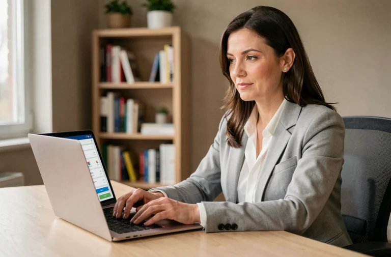 Femme professionnelle gérant son compte en ligne sur un ordinateur portable dans un bureau à domicile