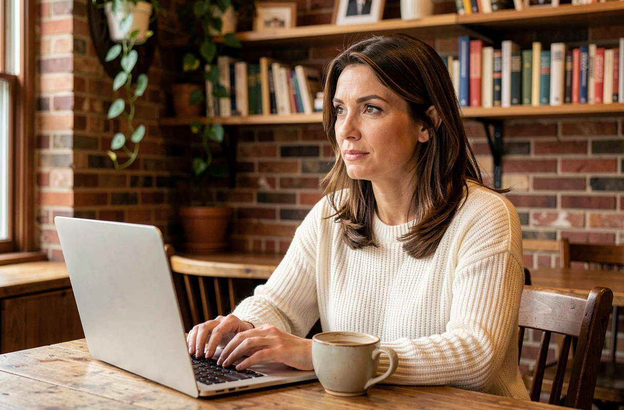 Femme indépendante travaillant dans un café cosy de style Nouvelle-Angleterre, ambiance éditoriale lifestyle