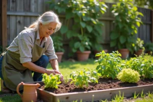 Femme jardinant dans un potager surélevé en bois avec des plants de tomates, laitues et haricots grimpants