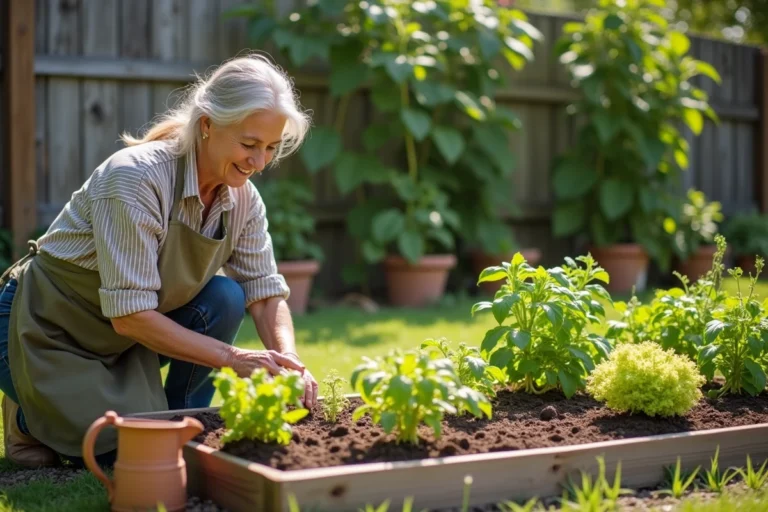 Femme jardinant dans un potager surélevé en bois avec des plants de tomates, laitues et haricots grimpants