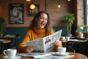 Femme surprise et amusée lisant un journal insolite dans un café urbain rustique