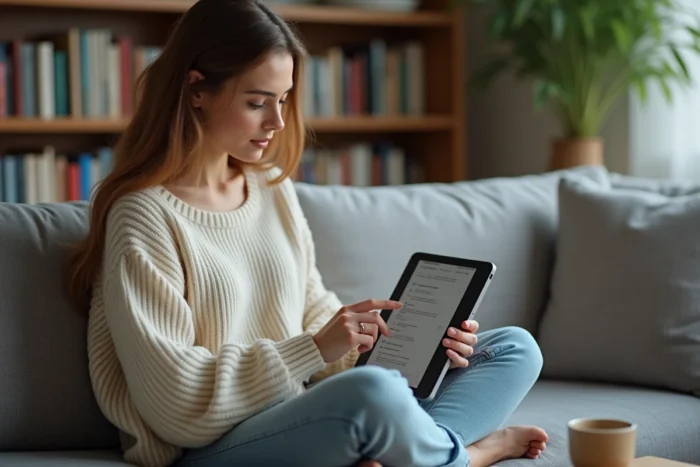 Jeune femme naviguant sur une carte de site structurée via une tablette dans un salon cosy
