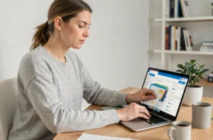 Femme travaillant sur OneDrive dans un bureau à domicile moderne pour optimiser son stockage cloud Microsoft