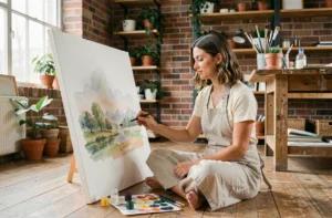 Femme peignant à l'aquarelle dans un atelier créatif, activité de loisir artistique à la maison