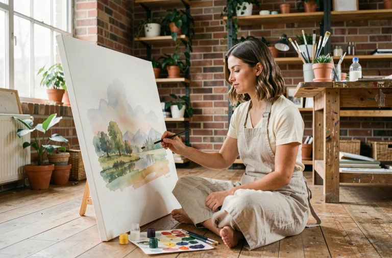 Femme peignant à l'aquarelle dans un atelier créatif, activité de loisir artistique à la maison