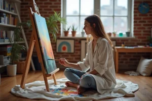 Femme peignant sur une grande toile dans un atelier chaleureux, activité créative pour s'évader au quotidien