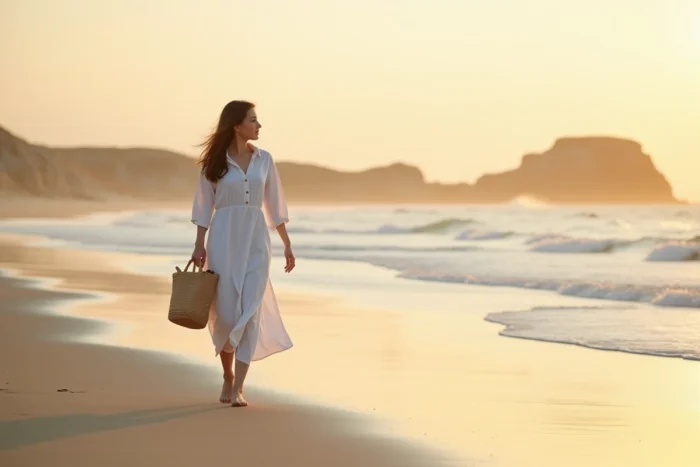 Jeune femme marchant pieds nus sur une plage déserte en robe blanche fluide, regard apaisé vers l'horizon, symbole de bien-être équilibré et de reconnexion à la nature