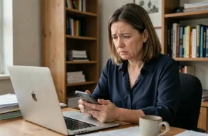 Femme consultant son ordinateur portable et son téléphone pour résoudre un problème de paiement Pôle emploi