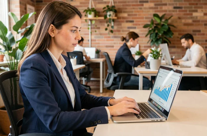 Femme professionnelle consultant des statistiques en ligne sur son ordinateur portable dans un espace de co-working moderne pour booster la visibilité de son entreprise