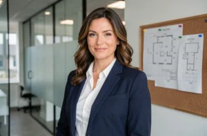 Femme professionnelle brune en blazer marine dans un bureau immobilier moderne, portrait éditorial