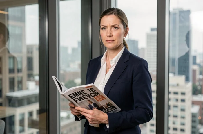 Femme professionnelle tenant un magazine avec des gros titres médiatiques près d'une fenêtre urbaine