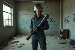Femme en tenue de protection tenant une batte de baseball dans une rage room industrielle à Lyon, prête à briser des objets pour décompresser