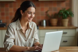 Femme consultant des petites annonces locales sur son ordinateur portable dans une cuisine moderne