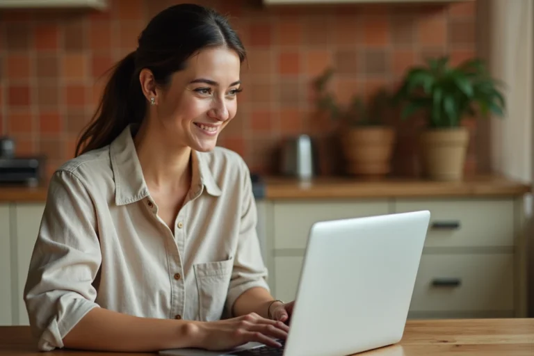 Femme consultant des petites annonces locales sur son ordinateur portable dans une cuisine moderne