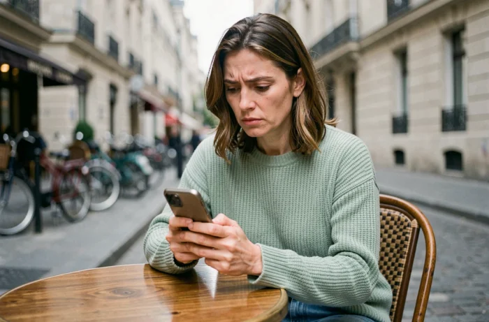 Femme lisant une rumeur sur son téléphone dans un café parisien
