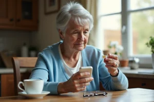 Femme senior tenant une carte SIM et un téléphone Doro à la cuisine