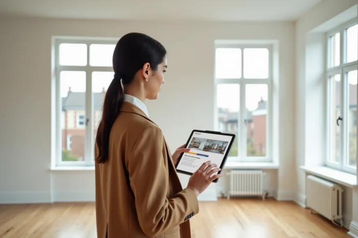 Femme tenant une tablette avec le devis d'une visite virtuelle immobilière dans un appartement vide