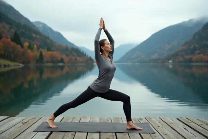 Femme pratiquant le yoga sur une terrasse en bois face à un lac de montagne, loisir bien-être pour s'évader au quotidien