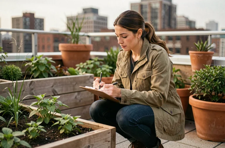 Femme en formation écologie prenant des notes dans un jardin urbain sur rooftop, illustration de l'emploi vert et des métiers de l'environnement