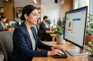 Femme professionnelle gérant des projets sur un tableau de bord numérique dans un bureau moderne en 2026