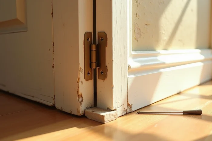 Gros plan sur une charnière de porte désaxée et un écart visible entre la porte et le cadre dû à la chaleur estivale
