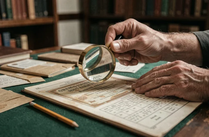 Gros plan de mains tenant une loupe sur une ancienne étiquette alimentaire pour identifier et classer une pièce de collection en hagietomamophilie