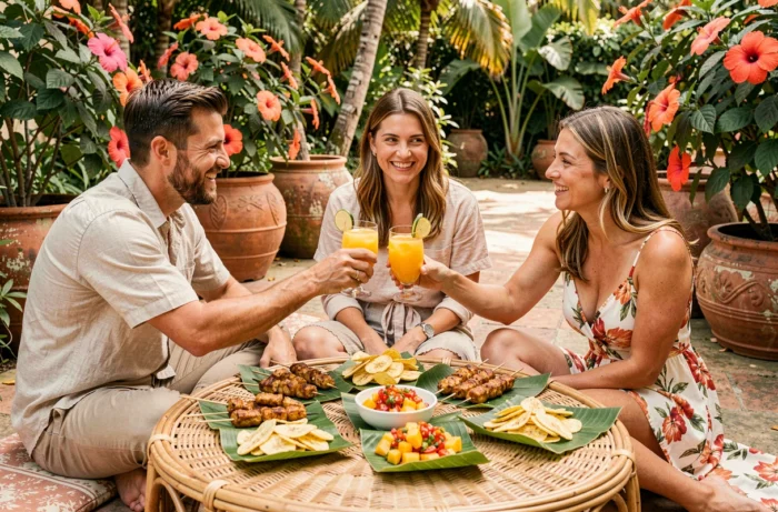 Groupe d'amis partageant un apéro dînatoire créole convivial autour de ti-punch et de petites assiettes antillaises dans un jardin tropical