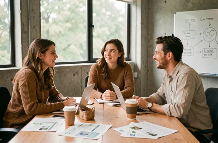 Groupe d'étudiants en formation développement durable discutant autour d'une table, illustration des formations carrière écologie et emploi vert