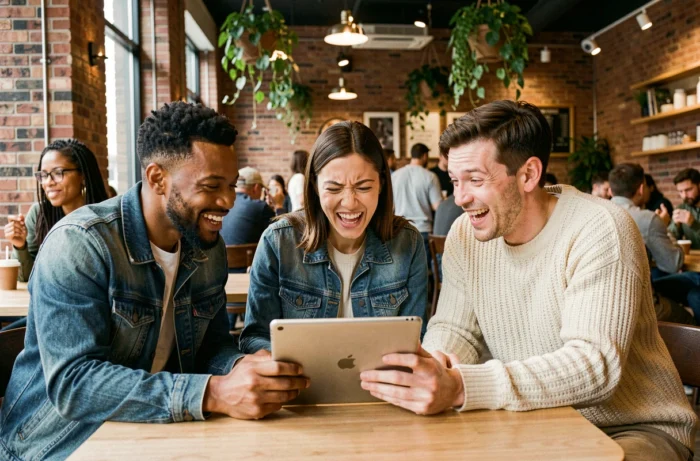 Groupe de jeunes adultes réagissant ensemble à un contenu viral sur une tablette dans un café urbain, symbolisant la viralité des phénomènes sur les réseaux sociaux