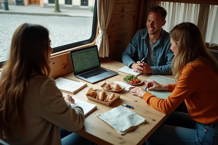 Groupe de voyageurs nomades planifiant leurs activités autour d'une table dans un van aménagé garé dans une rue européenne