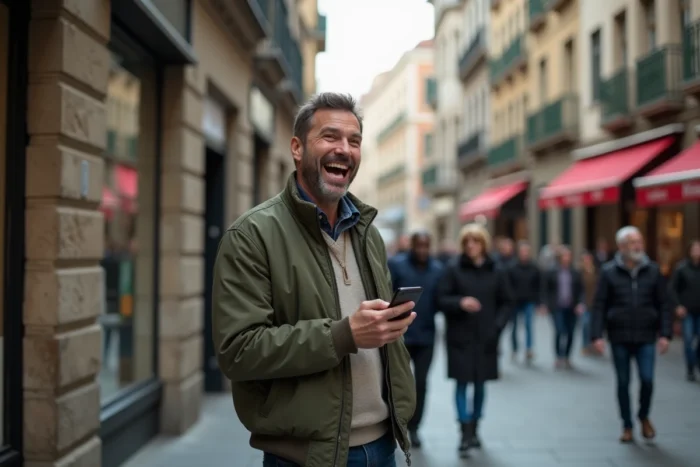 Homme hilare consultant une actualité insolite sur son smartphone en pleine rue animée