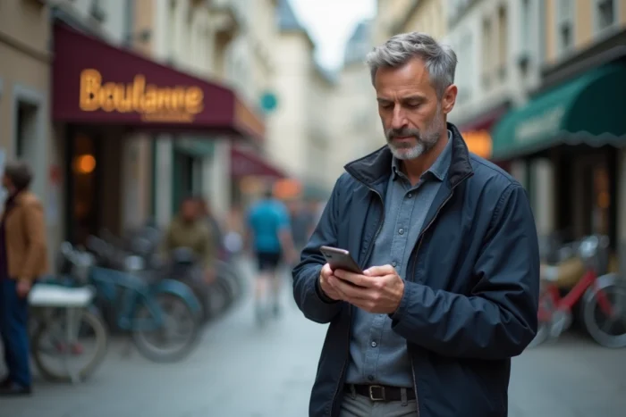 Homme utilisant une application de petites annonces locales sur son smartphone dans une rue de ville