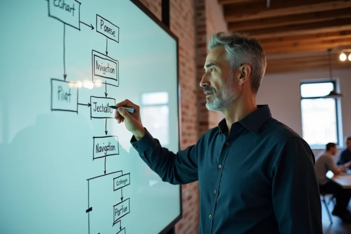 Homme présentant une architecture de site web dessinée sur un tableau blanc dans un espace de coworking