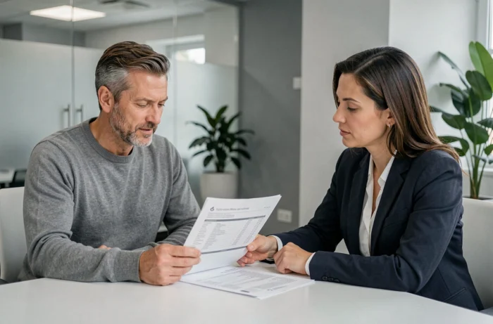 Homme discutant d'une police d'assurance avec un conseiller dans un bureau professionnel