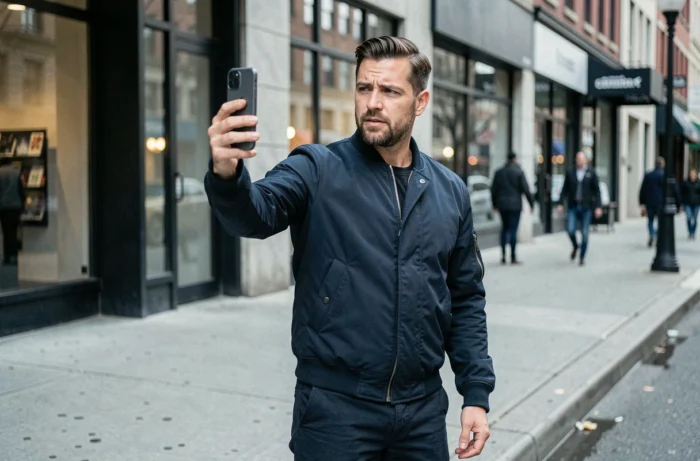 Homme filmant une vidéo courte dans la rue pour participer à un phénomène viral, représentant la création de contenu sur les réseaux sociaux