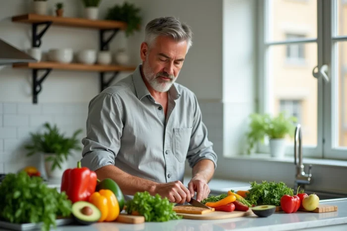 Homme en cuisine préparant un repas sain avec des légumes colorés sur un plan de travail en marbre, alimentation équilibrée et tendances bien-être, cuisine moderne lumineuse