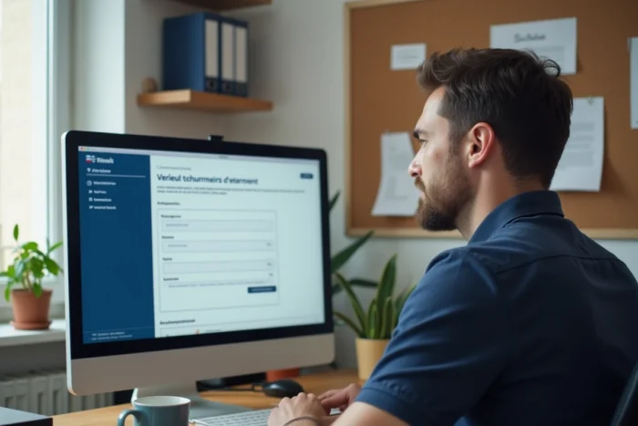 Homme en télétravail effectuant une démarche en ligne pour obtenir son numéro Siret Pajemploi sur le site officiel des services administratifs