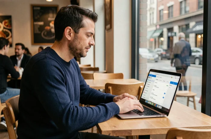 Homme consultant son espace personnel en ligne depuis un café avec un ordinateur portable
