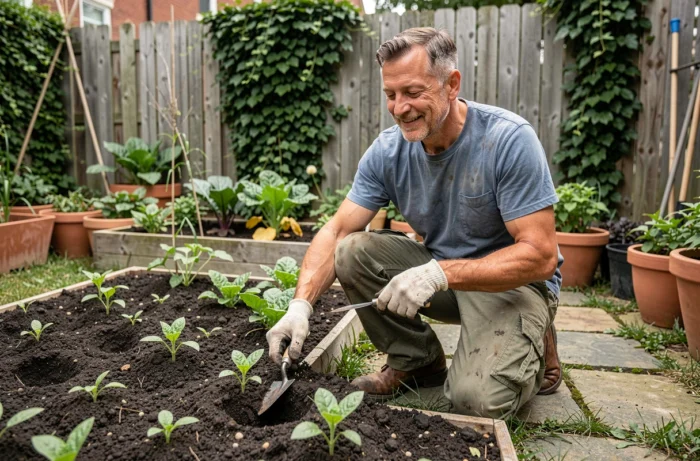 Homme jardinage potager urbain en plein air, loisir nature et jardinage pour adultes