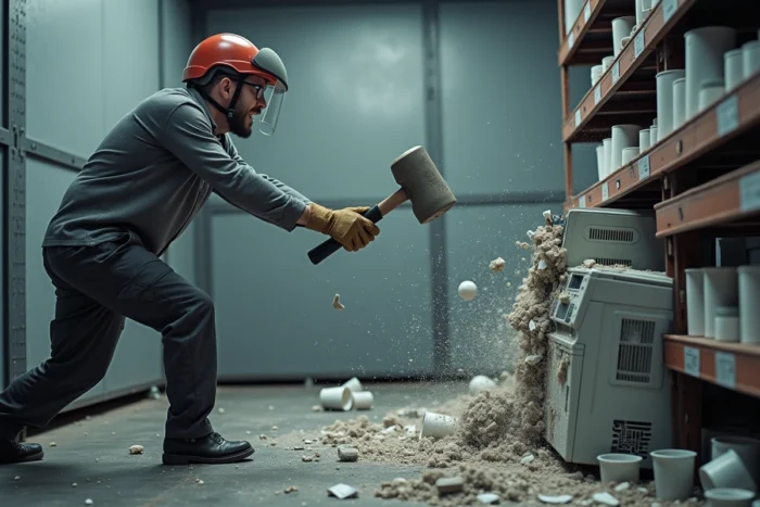 Homme en équipement de sécurité frappant des appareils électroniques avec un marteau dans une rage room à Lyon, activité de défoulement anti-stress