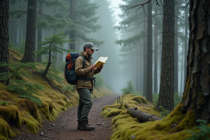 Homme en randonnée dans une forêt de pins brumeuse, loisir de plein air pour se ressourcer au quotidien
