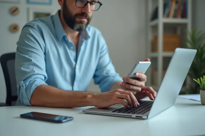 Homme recherchant sur ordinateur à qui appartient un numéro de téléphone portable inconnu