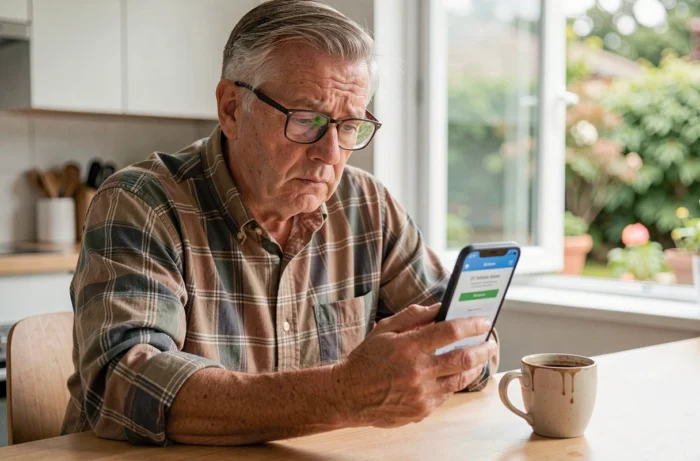 Homme senior confus tentant de réinitialiser le mot de passe de sa messagerie Laposte.net sur smartphone