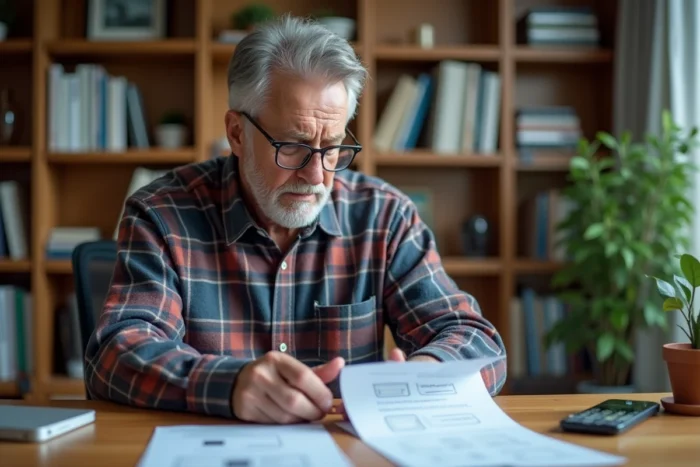 Homme senior comparant des forfaits de carte SIM pour téléphone Doro sur un bureau