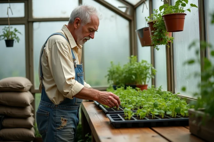 Homme en serre examinant des plateaux de semis de légumes comme courgettes, poivrons et herbes aromatiques