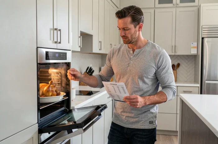 Homme vérifiant la cuisson au four avec un tableau de conversion de thermostat de 150 à 180 degrés