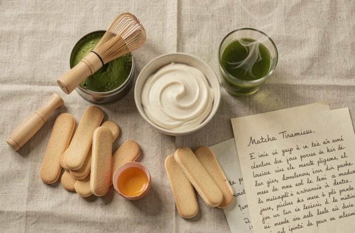 Ingrédients du tiramisu au thé matcha disposés en flat lay sur lin beige, incluant mascarpone, biscuits et poudre matcha