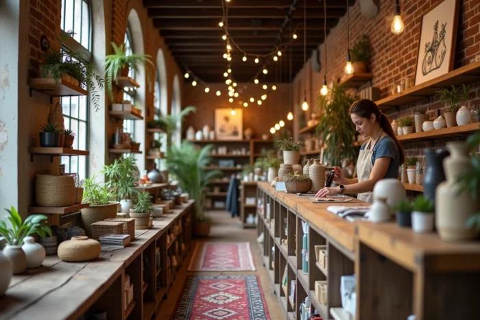 Intérieur de Bazaar & Compagnie avec étagères en bois, objets artisanaux et vendeuse en tablier de lin derrière le comptoir