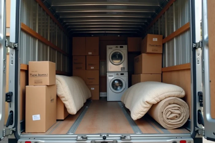 Intérieur d'un camion 15m3 entièrement chargé avec meubles, cartons et électroménager organisés pour un déménagement complet